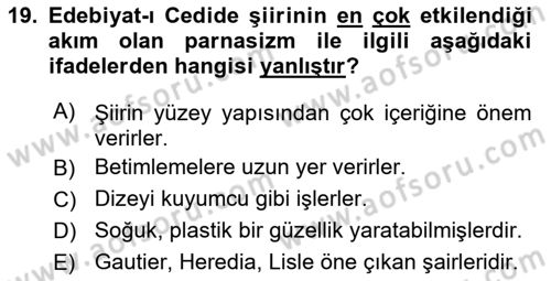 2. Abdülhamit Dönemi Türk Edebiyatı Dersi 2018 - 2019 Yılı Yaz Okulu Sınav Soruları 19. Soru