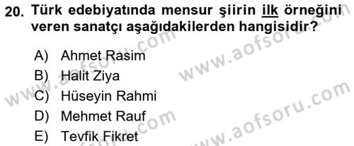 2. Abdülhamit Dönemi Türk Edebiyatı Dersi 2018 - 2019 Yılı Yaz Okulu Sınav Soruları 20. Soru
