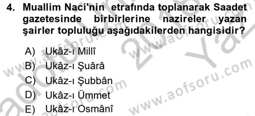 2. Abdülhamit Dönemi Türk Edebiyatı Dersi 2018 - 2019 Yılı Yaz Okulu Sınav Soruları 4. Soru