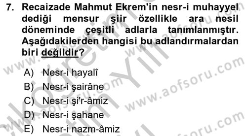 2. Abdülhamit Dönemi Türk Edebiyatı Dersi 2018 - 2019 Yılı Yaz Okulu Sınav Soruları 7. Soru