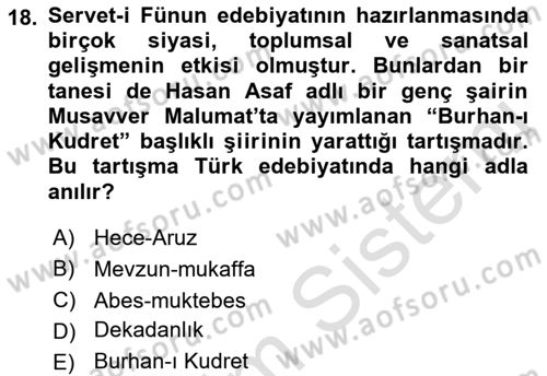 2. Abdülhamit Dönemi Türk Edebiyatı Dersi 2019 - 2020 Yılı (Vize) Ara Sınav Soruları 18. Soru