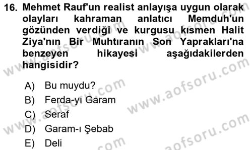 2. Abdülhamit Dönemi Türk Edebiyatı Dersi 2020 - 2021 Yılı Yaz Okulu Sınavı 16. Soru