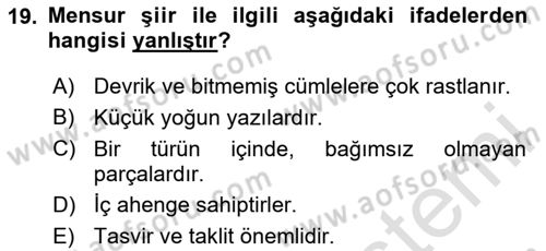 2. Abdülhamit Dönemi Türk Edebiyatı Dersi 2020 - 2021 Yılı Yaz Okulu Sınavı 19. Soru