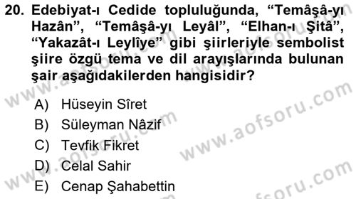 2. Abdülhamit Dönemi Türk Edebiyatı Dersi 2020 - 2021 Yılı Yaz Okulu Sınavı 20. Soru