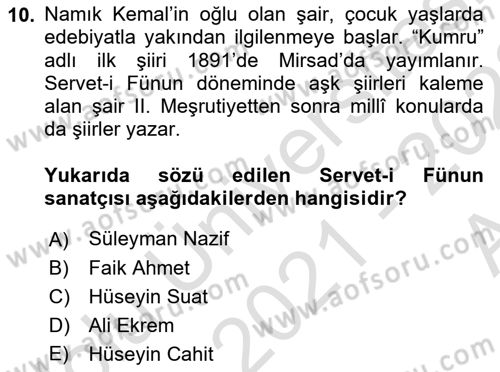 2. Abdülhamit Dönemi Türk Edebiyatı Dersi 2021 - 2022 Yılı (Vize) Ara Sınavı 10. Soru