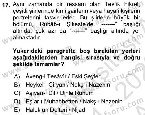 2. Abdülhamit Dönemi Türk Edebiyatı Dersi 2021 - 2022 Yılı (Vize) Ara Sınavı 17. Soru