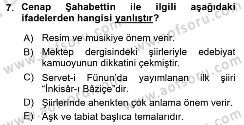 2. Abdülhamit Dönemi Türk Edebiyatı Dersi 2021 - 2022 Yılı (Vize) Ara Sınavı 7. Soru