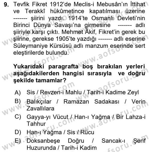 2. Abdülhamit Dönemi Türk Edebiyatı Dersi 2021 - 2022 Yılı (Vize) Ara Sınavı 9. Soru