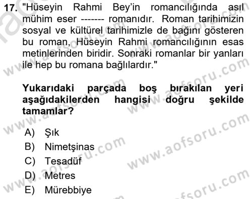 2. Abdülhamit Dönemi Türk Edebiyatı Dersi 2021 - 2022 Yılı (Final) Dönem Sonu Sınavı 17. Soru