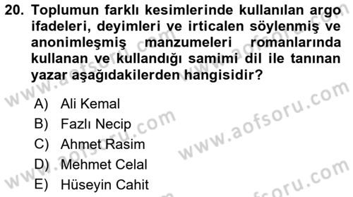 2. Abdülhamit Dönemi Türk Edebiyatı Dersi 2021 - 2022 Yılı (Final) Dönem Sonu Sınav Soruları 20. Soru