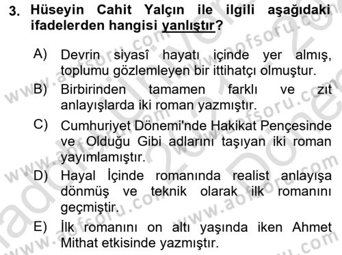 2. Abdülhamit Dönemi Türk Edebiyatı Dersi 2021 - 2022 Yılı (Final) Dönem Sonu Sınavı 3. Soru