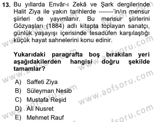 2. Abdülhamit Dönemi Türk Edebiyatı Dersi 2021 - 2022 Yılı Yaz Okulu Sınav Soruları 13. Soru