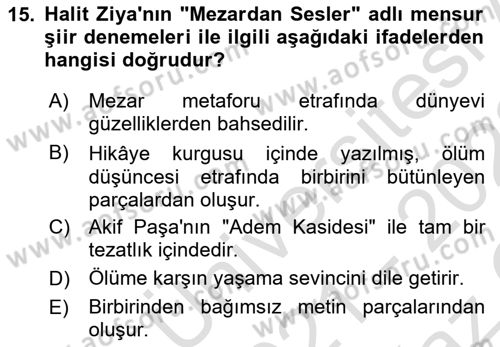 2. Abdülhamit Dönemi Türk Edebiyatı Dersi 2021 - 2022 Yılı Yaz Okulu Sınav Soruları 15. Soru