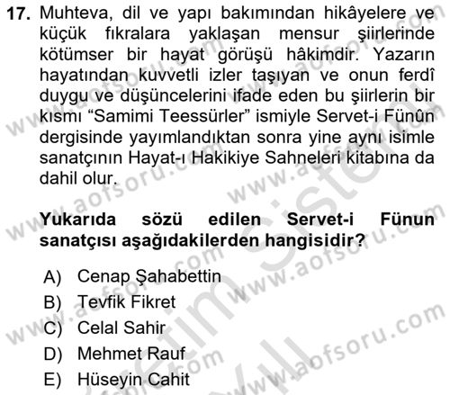 2. Abdülhamit Dönemi Türk Edebiyatı Dersi 2021 - 2022 Yılı Yaz Okulu Sınav Soruları 17. Soru