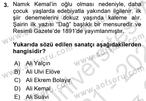 2. Abdülhamit Dönemi Türk Edebiyatı Dersi 2021 - 2022 Yılı Yaz Okulu Sınav Soruları 3. Soru