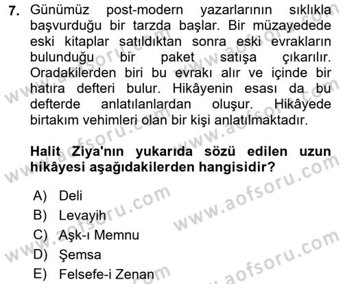 2. Abdülhamit Dönemi Türk Edebiyatı Dersi 2021 - 2022 Yılı Yaz Okulu Sınav Soruları 7. Soru