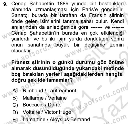 2. Abdülhamit Dönemi Türk Edebiyatı Dersi 2021 - 2022 Yılı Yaz Okulu Sınav Soruları 9. Soru