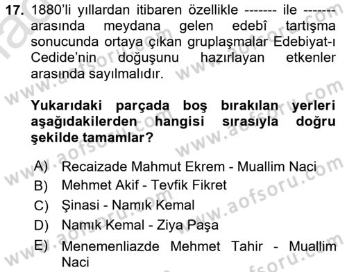2. Abdülhamit Dönemi Türk Edebiyatı Dersi 2022 - 2023 Yılı (Vize) Ara Sınav Soruları 17. Soru