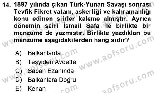 2. Abdülhamit Dönemi Türk Edebiyatı Dersi 2022 - 2023 Yılı Yaz Okulu Sınav Soruları 14. Soru