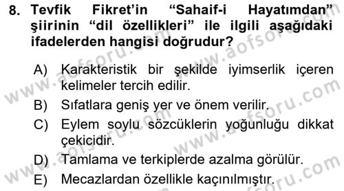 2. Abdülhamit Dönemi Türk Edebiyatı Dersi 2022 - 2023 Yılı Yaz Okulu Sınav Soruları 8. Soru