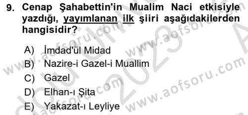 2. Abdülhamit Dönemi Türk Edebiyatı Dersi 2023 - 2024 Yılı (Vize) Ara Sınavı 9. Soru