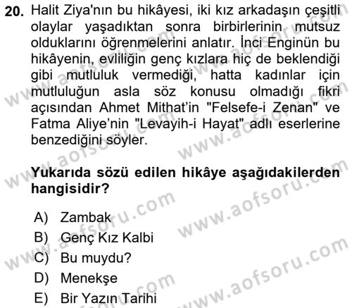 2. Abdülhamit Dönemi Türk Edebiyatı Dersi 2023 - 2024 Yılı (Final) Dönem Sonu Sınav Soruları 20. Soru