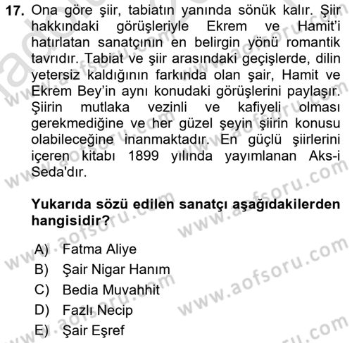 2. Abdülhamit Dönemi Türk Edebiyatı Dersi 2023 - 2024 Yılı Yaz Okulu Sınav Soruları 17. Soru