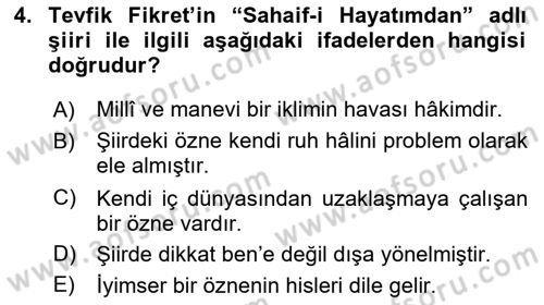2. Abdülhamit Dönemi Türk Edebiyatı Dersi 2023 - 2024 Yılı Yaz Okulu Sınav Soruları 4. Soru