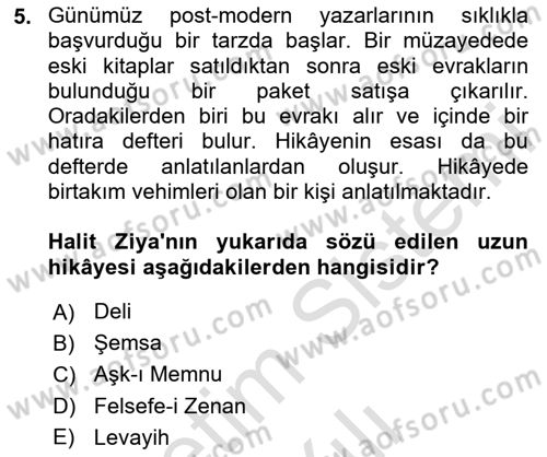 2. Abdülhamit Dönemi Türk Edebiyatı Dersi 2023 - 2024 Yılı Yaz Okulu Sınav Soruları 5. Soru