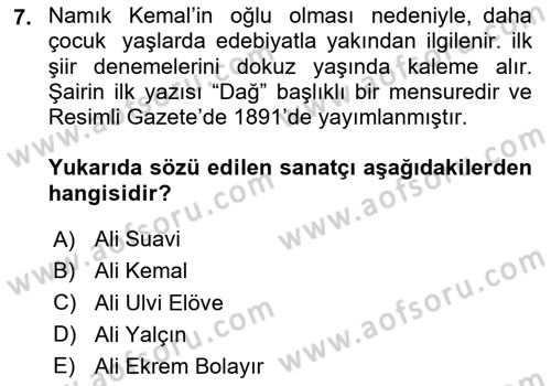 2. Abdülhamit Dönemi Türk Edebiyatı Dersi 2023 - 2024 Yılı Yaz Okulu Sınav Soruları 7. Soru