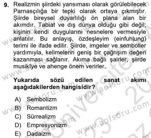2. Abdülhamit Dönemi Türk Edebiyatı Dersi 2023 - 2024 Yılı Yaz Okulu Sınav Soruları 9. Soru