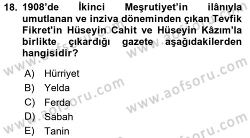 2. Abdülhamit Dönemi Türk Edebiyatı Dersi 2024 - 2025 Yılı (Vize) Ara Sınav Soruları 18. Soru