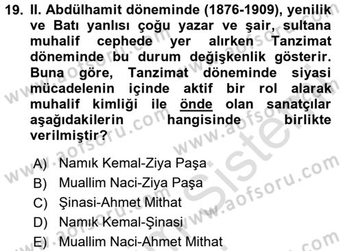2. Abdülhamit Dönemi Türk Edebiyatı Dersi 2024 - 2025 Yılı (Vize) Ara Sınav Soruları 19. Soru