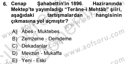 2. Abdülhamit Dönemi Türk Edebiyatı Dersi 2024 - 2025 Yılı (Vize) Ara Sınav Soruları 6. Soru