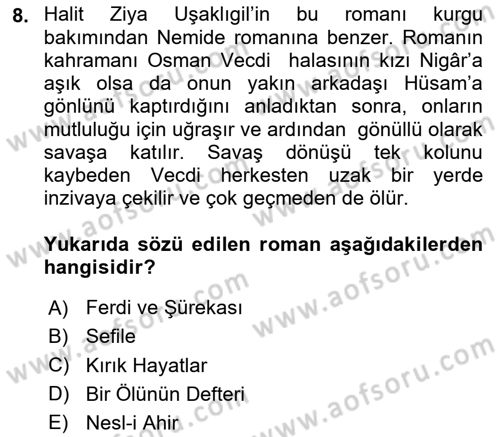 2. Abdülhamit Dönemi Türk Edebiyatı Dersi 2024 - 2025 Yılı (Vize) Ara Sınav Soruları 8. Soru