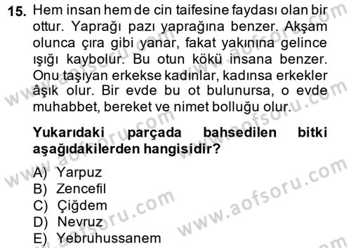 Türk Edebiyatının Mitolojik Kaynakları Dersi 2014 - 2015 Yılı (Final) Dönem Sonu Sınav Soruları 15. Soru