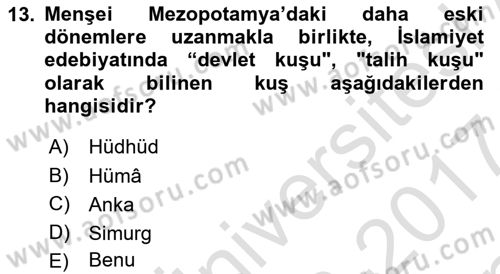 Türk Edebiyatının Mitolojik Kaynakları Dersi 2016 - 2017 Yılı (Final) Dönem Sonu Sınav Soruları 13. Soru