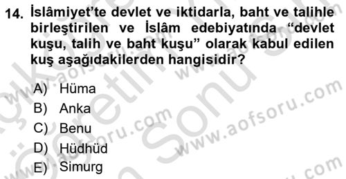 Türk Edebiyatının Mitolojik Kaynakları Dersi 2021 - 2022 Yılı (Final) Dönem Sonu Sınav Soruları 14. Soru