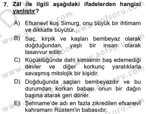 Türk Edebiyatının Mitolojik Kaynakları Dersi 2024 - 2025 Yılı (Final) Dönem Sonu Sınav Soruları 7. Soru