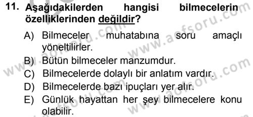 Türk Halk Şiiri Dersi Ara Sınavı Deneme Sınav Soruları 11. Soru