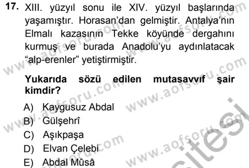 Türk Halk Şiiri Dersi 2012 - 2013 Yılı (Vize) Ara Sınav Soruları 17. Soru