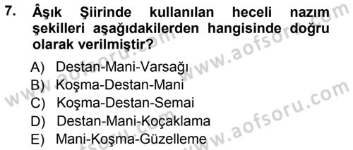 Türk Halk Şiiri Dersi 2012 - 2013 Yılı (Vize) Ara Sınav Soruları 7. Soru