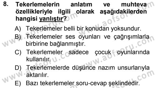 Türk Halk Şiiri Dersi Ara Sınavı Deneme Sınav Soruları 8. Soru