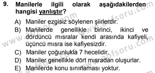 Türk Halk Şiiri Dersi Ara Sınavı Deneme Sınav Soruları 9. Soru