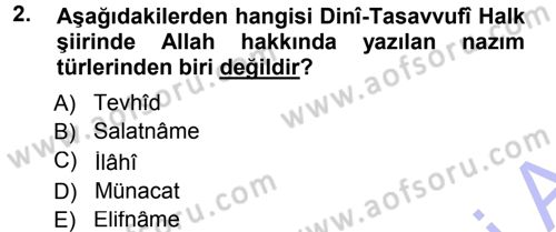 Türk Halk Şiiri Dersi 2012 - 2013 Yılı (Final) Dönem Sonu Sınav Soruları 2. Soru