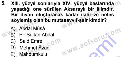 Türk Halk Şiiri Dersi 2012 - 2013 Yılı (Final) Dönem Sonu Sınav Soruları 5. Soru