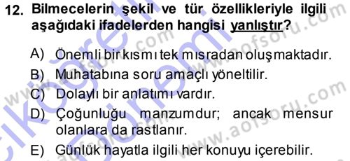 Türk Halk Şiiri Dersi Ara Sınavı Deneme Sınav Soruları 12. Soru
