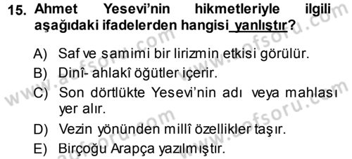 Türk Halk Şiiri Dersi Ara Sınavı Deneme Sınav Soruları 15. Soru