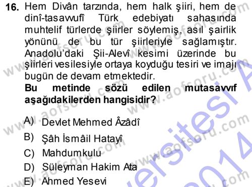 Türk Halk Şiiri Dersi Ara Sınavı Deneme Sınav Soruları 16. Soru