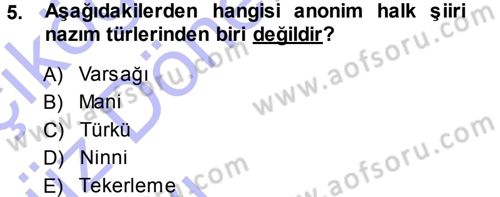 Türk Halk Şiiri Dersi 2013 - 2014 Yılı (Vize) Ara Sınav Soruları 5. Soru